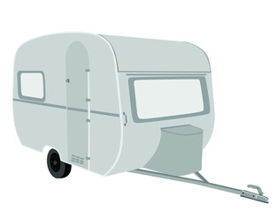 Camping trailer vector illustration isolated on white background. Camp moving home. Outdoor weekend activity for tourist family. Mobile house for travelers people. 