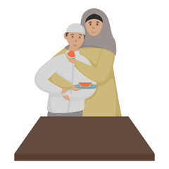 Muslim Woman Feeding Watermelon To Her Son On White Background.