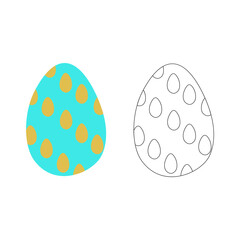 A vector illustration of two eggs ornamented ellipses isolated on white background. One egg is colored turquoise and mustard, another is black and white. Designed as a coloring book page for adults an