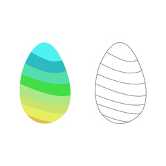 A jpeg illustration of two eggs ornamented with spiral stripes isolated on white background. One egg is colored turquoise, blue, green, mustard another is black and white. Designed as a coloring page