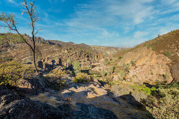 Rock formations in Pinnacles National Park in California, the destroyed remains of an extinct volcano on the San Andreas Fault. Beautiful landscapes, cozy hiking trails for tourists and travelers.