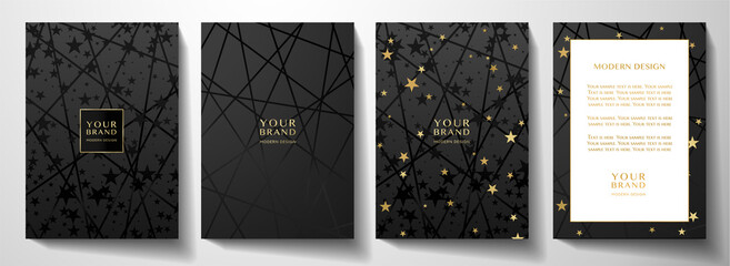 Modern black cover, frame design set. Luxury holiday creative line pattern and golden stars . Vector luxe background for notebook cover, business background, brochure template