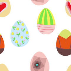 A seamless pattern of colorful ornamented eggs isolated on white background. Designed for print, textile, wraps, background for adults and kids.