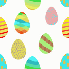 Ornamented eggs seamless pattern of different colors isolated on white background. Designed for print, textile, wraps, background for adults and kids.