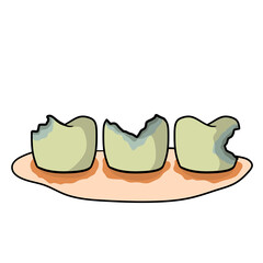 Caries and dental problems. Dentistry and sick dirty teeth. Oral hygiene. Medical care. Gingivitis. The need for cleaning. Tooth decay. Cartoon illustration