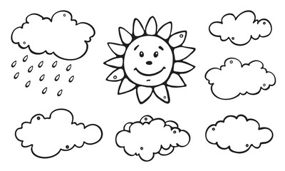 Sun and Clouds Vector Outline Illustration Collection. Isolated on white background for coloring book, banners, logo, fabric, and more