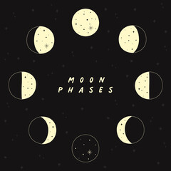 Illustration drawing of moonphases wiht stars in background vector design