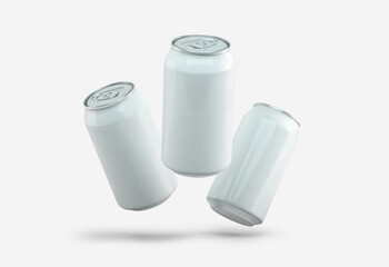 Soda cans flying, white cans isolated from the background