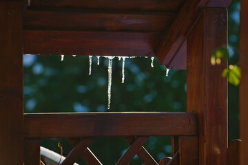 tiny icicles hanging from a wooden roof 