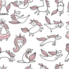 Funny Unicorns doing yoga. Seamless Pattern for your design