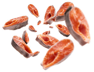 Fresh trout steaks levitate on a white background