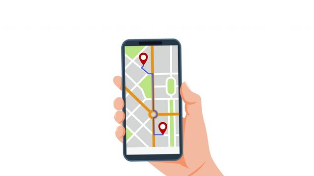 Hand holding mobile with navigation city map. Mobile app with map. Gps navigation in smartphone. Mobile navigator. 4K animation in flat style