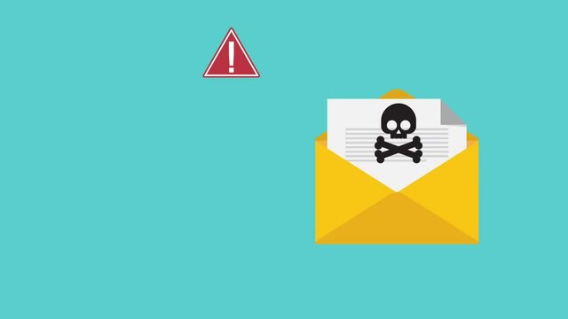 Email / envelope with black document and skull icon. Virus, malware, email fraud, e-mail spam, phishing scam, hacker attack concept. 