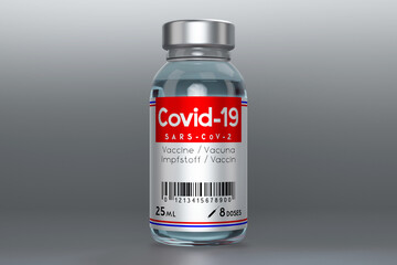 Covid-19 / SARS-CoV-2 / coronavirus vaccine ampoule isolated on grey background - 3D illustration