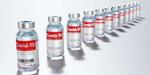 Many covid-19 / SARS-CoV-2 / coronavirus vaccine ampoules, selective focus - 3D illustration