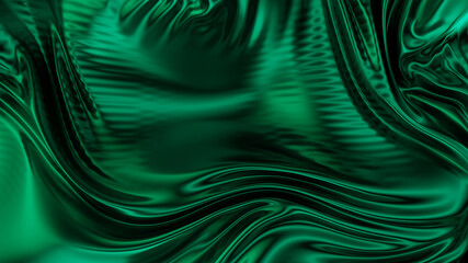 Green emerald wavy cloth fabric abstract background, ultraviolet holographic foil texture, liquid petrol surface, Iridescent chrome ripples, metallic reflection. 3d render illustration.