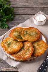 Potato pancakes on a plate in rustic style. Text space