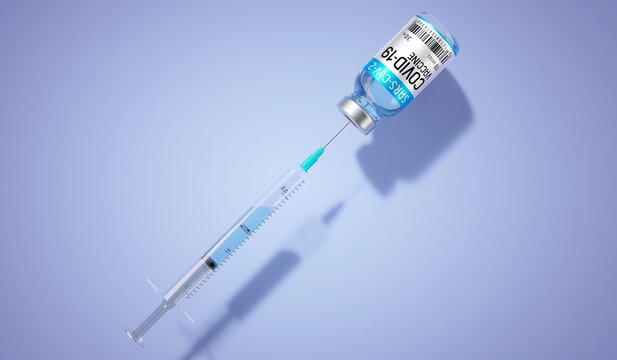 Covid-19 / SARS-CoV-2 / coronavirus vaccine ampoule and syringe, blue background - 3D illustration