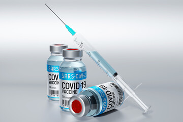 Three covid-19 / SARS-CoV-2 / coronavirus vaccine ampoules and syringe - 3D illustration
