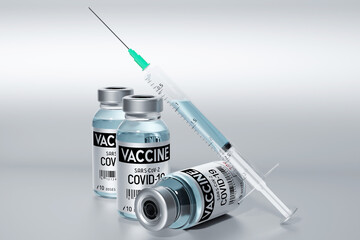 Three covid-19 / SARS-CoV-2 / coronavirus vaccine ampoules and syringe - 3D illustration