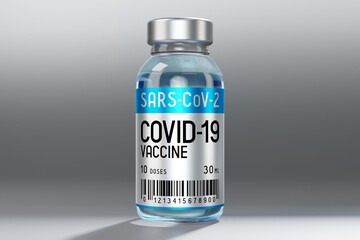 Covid-19 / SARS-CoV-2 / coronavirus vaccine ampoule isolated on grey background - 3D illustration
