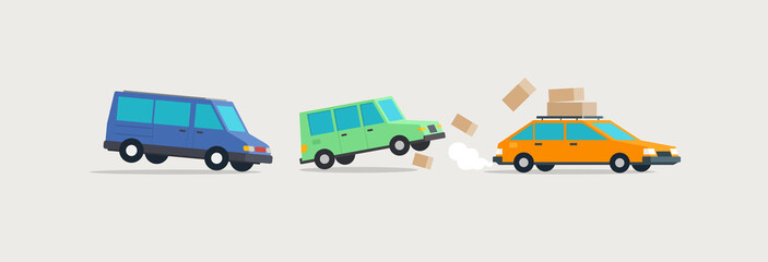 Accident on the road. Three cars in a dangerous situation. Vector illustration in cartoon style.