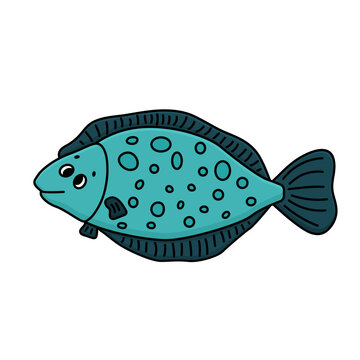 recommend clip art: Cartoon cute doodle flounder or flatfish type of fish. Blue and white vector outline animal is isolated on white background. Eyes and mouth are visible.