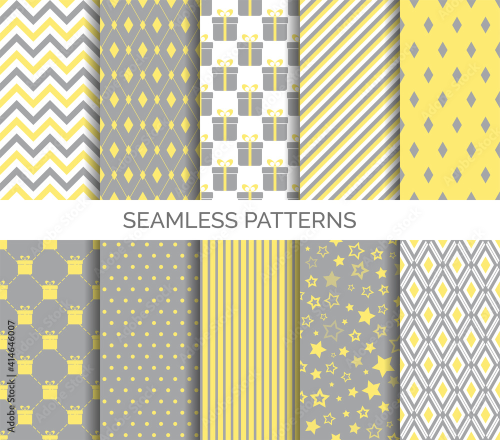 Wall mural set of minimal seamless patterns in yellow and gray colors of the 2021 year. abstract geometric vect