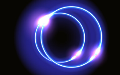 Abstract fantastic background with neon glow round frame and shiny light space portal into another dimension. Fluorescent space border.