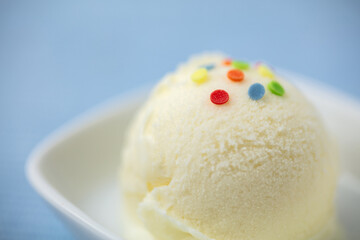 Simple homemade scoop of vanilla ice cream with sprinkles
