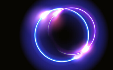 Abstract fantastic background with neon glow round frame and shiny light space portal into another dimension. Fluorescent space border.