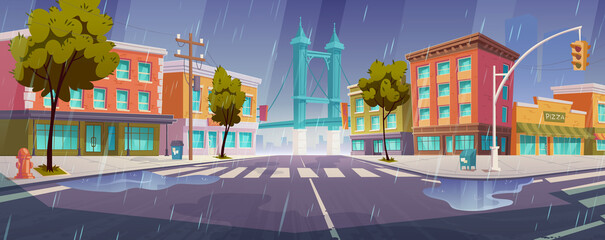 Rain on city street with houses, road with pedestrian crosswalk and traffic lights. Vector cartoon rainy cityscape, urban landscape with residential buildings, trees and overpass road