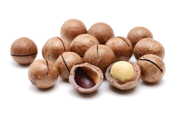 Shelled and unshelled macadamia nuts on white background