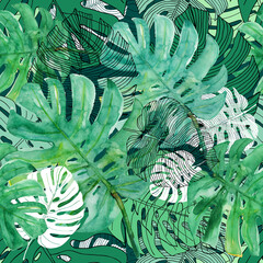 Monstera leaves. Seamless pattern. Exotic, tropical plant. The leaves of the plant lie on top of each other. Natural, botanical, beautiful, trendy, floral. For printing and design on fabric, paper.