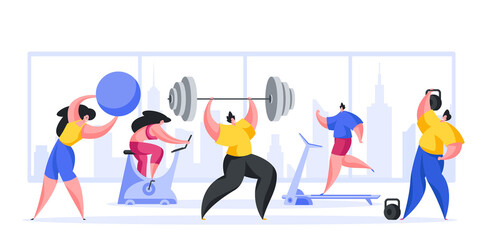 People doing sports in gym vector cartoon illustration. Male characters are engaged in weightlifting with barbell and kettlebell lifts.