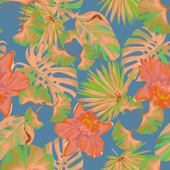 Colourful Seamless Pattern with tropic flowers and leaves.