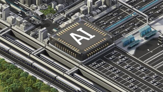 Traffic in a city controlled by artificial intelligence, Smart city concept with an AI cpu chip in the center. 4k animation.