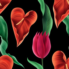 Colourful Seamless Pattern with tropic flowers and leaves.