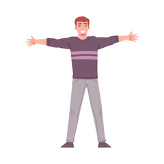 Smiling Young Man Standing with his Arms Outstretched, Welcome, Solidarity, Friendship and Charity Concept Cartoon Style Vector Illustration