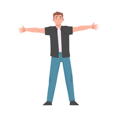 Cheerful Young Man Standing with his Arms Outstretched, Welcome, Solidarity, Friendship and Charity Concept Cartoon Style Vector Illustration