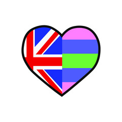 Obraz premium Vector illustration of the heart filled with the United Kingdom flag and the Trigender pride flag on white background.