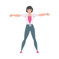 Young Woman in Casual Clothes Standing with her Arms Outstretched, Welcome, Solidarity, Friendship and Charity Concept Cartoon Style Vector Illustration