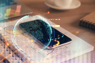 Double exposure of map drawing and cell phone background. Concept of data globalization