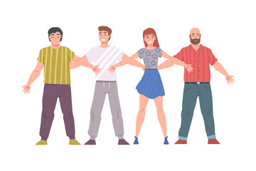 Young People Standing Together Hugging Each Other, Friendship, Solidarity, Cooperation Concept Cartoon Style Vector Illustration