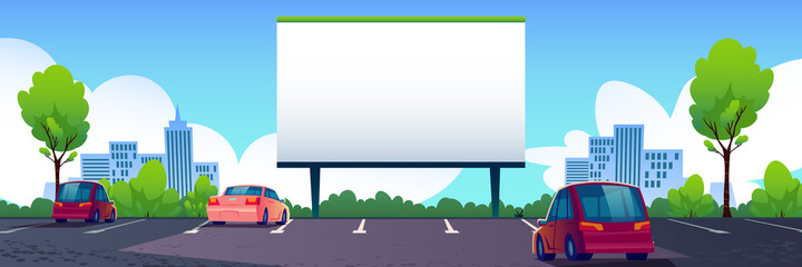 Car street cinema with blank screen. Drive-in theater with automobiles stand in open air parking with mark up at day time near wide outdoor white billboard for advertising, Cartoon vector illustration - obrazy, fototapety, plakaty