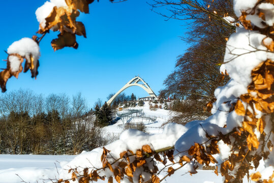 The St. George ski jump in winter near Winterberg in the Hochsauerland district of North Rhine-Westphalia