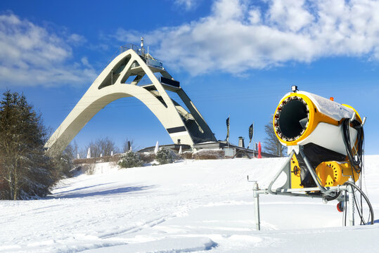 The St. George ski jump in winter near Winterberg in the Hochsauerland district of North Rhine-Westphalia