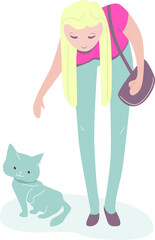 Young woman looking at a cat, want to take cake of it.