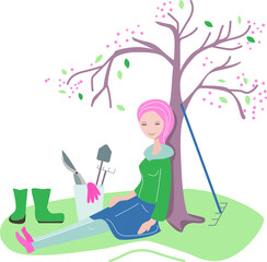 Young woman relaxing near big tree in spring. Ready for planting flowers and vegetables. Illustration can be used for gardening and farming