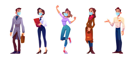 Cartoon people in face masks, young men and women characters isolated set on white background, businessman, waiter, administrator, cheerful teenage girl and serious woman in coat, Vector illustration